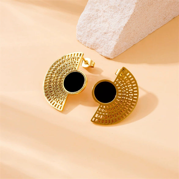 Wholesale Jewelry Retro Simple Stainless Steel Snake Bone Chain Multilayer Fan Pendant Earrings Ring Bracelet Set Gold Plated Electroplating Women's