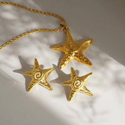 Wholesale Jewelry Retro Simple Style Starfish Titanium Steel 18K Gold Plated Earrings Necklace