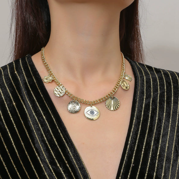 Wholesale Jewelry Retro Style Alloy Geometric Ancient Coin Multipendant Devil's Eye Necklace With Electroplating