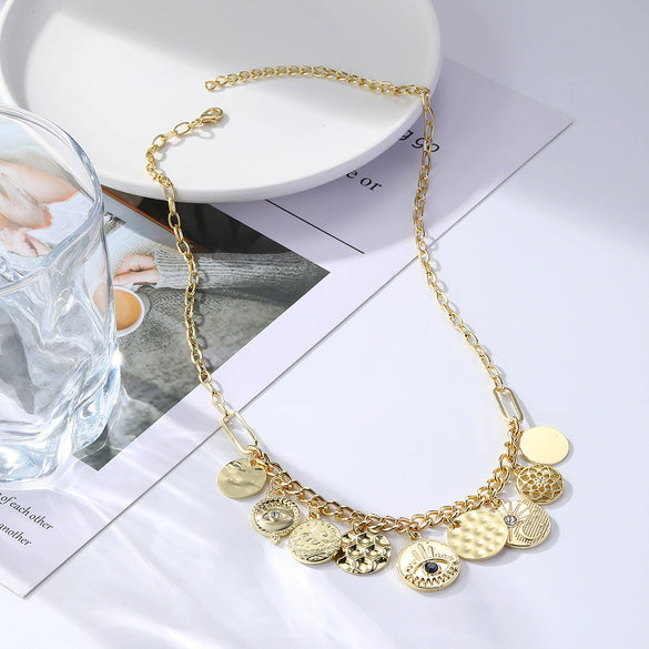 Wholesale Jewelry Retro Style Alloy Geometric Ancient Coin Multipendant Devil's Eye Necklace With Electroplating
