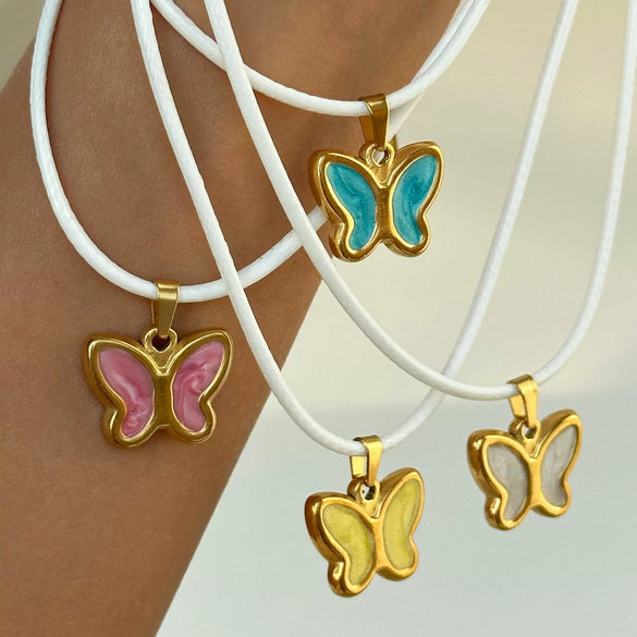 Wholesale Jewelry Retro Style Butterfly Pendant Necklace Titanium Steel Geometric Dripping Oil Real Gold Plating