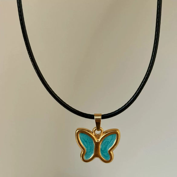 Wholesale Jewelry Retro Style Butterfly Pendant Necklace Titanium Steel Geometric Dripping Oil Real Gold Plating