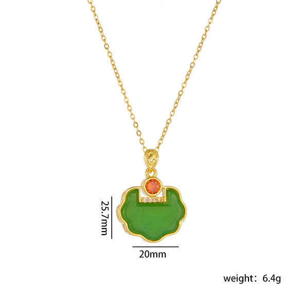 Wholesale Jewelry Retro Style Copper Electroplated Ochain Mixed Gem Inlay Safety Lock Clover Pendant Clavicle Chain For Women