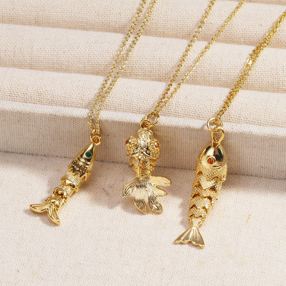 Wholesale Jewelry Retro Style Fish Koi Copper Zirconia Electroplating Pendant Necklace For Women