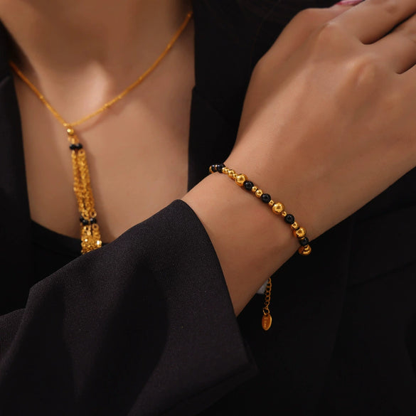 Wholesale Jewelry Retro Style Geometric Multilayer Chain Stitching Agate Stone Beaded 316L Stainless Steel Electroplated