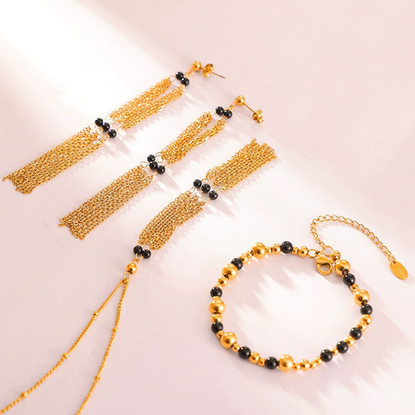 Wholesale Jewelry Retro Style Geometric Multilayer Chain Stitching Agate Stone Beaded 316L Stainless Steel Electroplated