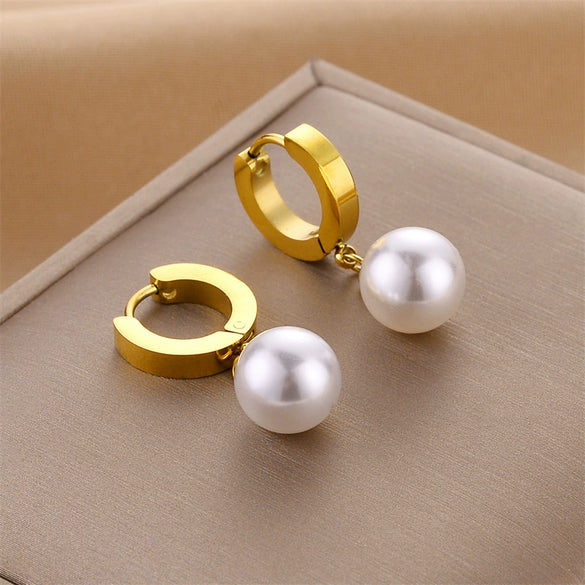 Wholesale Jewelry Retro Style Geometric Pearl Titanium Steel Pendant Necklace And Earring Set 18K Gold Plated