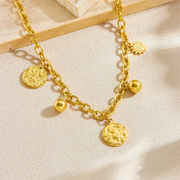 Wholesale Jewelry Retro Style Geometric Stainless Steel Chain With Gold Bead And Moon Pattern Sun Pendant