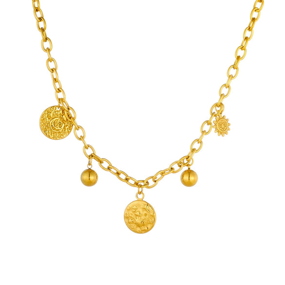Wholesale Jewelry Retro Style Geometric Stainless Steel Chain With Gold Bead And Moon Pattern Sun Pendant