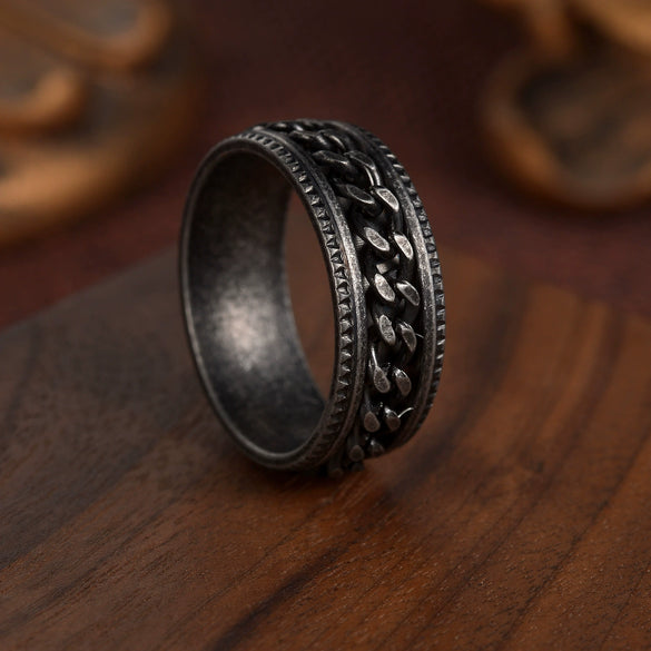 Wholesale Jewelry Retro Style Geometric Titanium Steel Embossed Rotating Chain Ring Distressed Unisex