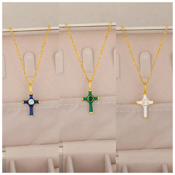 Wholesale Jewelry Retro Style Geometric Ushaped Stainless Steel And Copper Dripping Oil Inlaid Zircon Cross Necklace