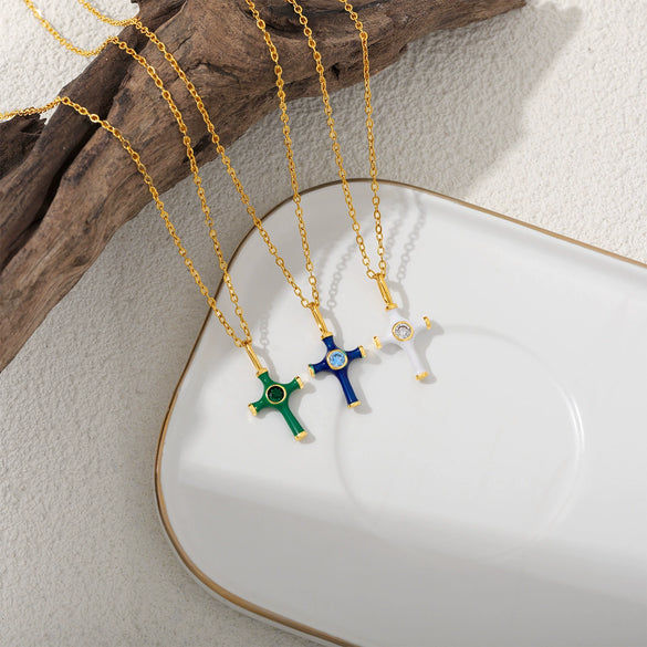 Wholesale Jewelry Retro Style Geometric Ushaped Stainless Steel And Copper Dripping Oil Inlaid Zircon Cross Necklace