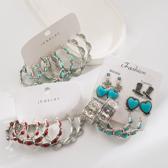 Wholesale Jewelry Retro Style Heart Shape Alloy Turquoise Inlaid Earrings Set