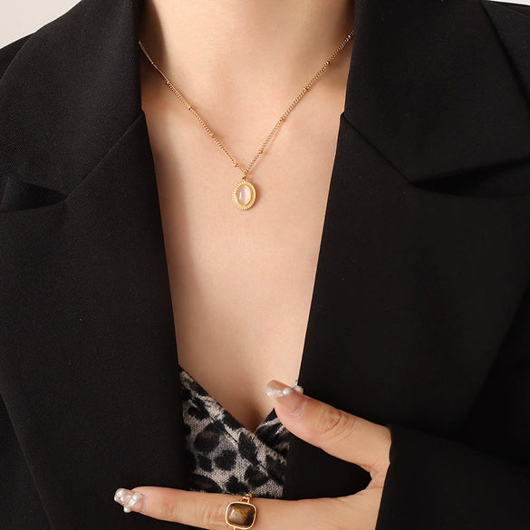 Wholesale Jewelry Retro Style Natural Cat's Eye Stone And Turquoise Titanium Steel Earrings And Necklace With Electroplating