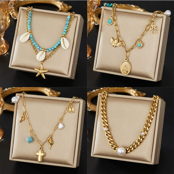Wholesale Jewelry Retro Style Oval Star Shape Stainless Steel Electroplated Pendant O Chain For Women