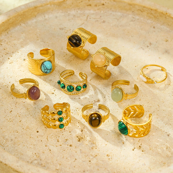 Wholesale Jewelry Retro Style Stainless Steel Gemstone Ring 18K Goldplated