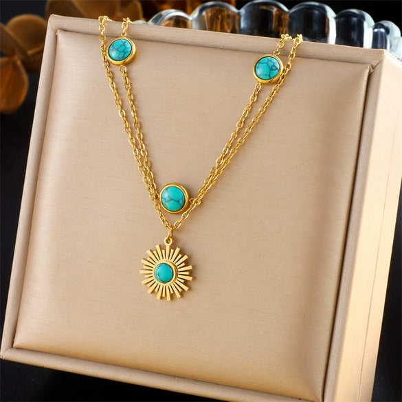Wholesale Jewelry Retro Style Stainless Steel Multilayer Irregular Heart Shape Flower Bow Tie Gold Plated Necklace