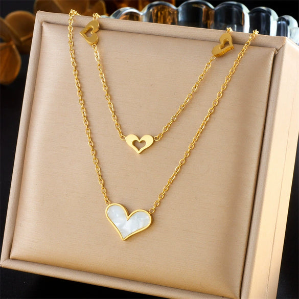 Wholesale Jewelry Retro Style Stainless Steel Multilayer Irregular Heart Shape Flower Bow Tie Gold Plated Necklace