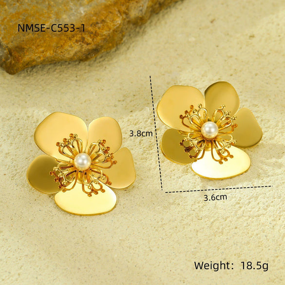 Wholesale Jewelry Retro Style Stainless Steel Petal Texture With Pearl Earrings Electroplated