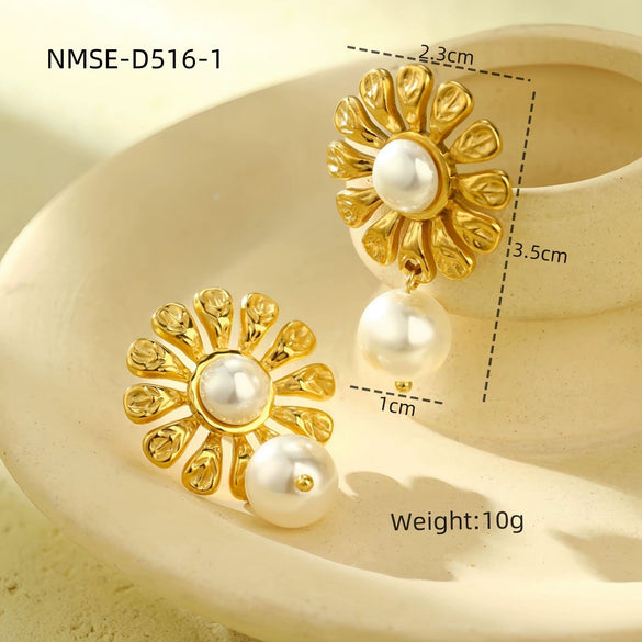Wholesale Jewelry Retro Style Stainless Steel Petal Texture With Pearl Earrings Electroplated