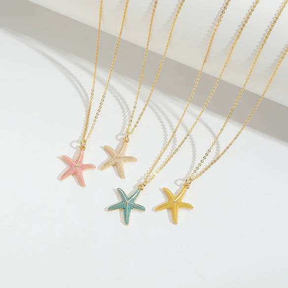 Wholesale Jewelry Retro Style Starfish Pendant Necklace Copper Electroplating Mixed Gemstone Setting O Chain For Women