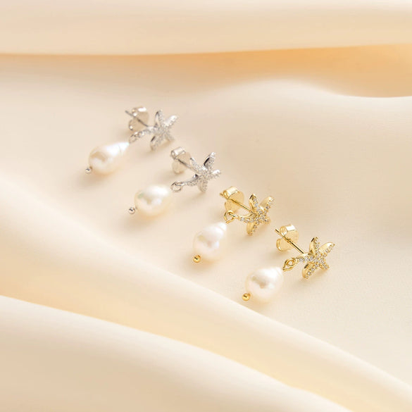 Wholesale Jewelry Retro Style Starfish S925 Sterling Silver Natural Pearl Electroplated Geometric Earrings For Women