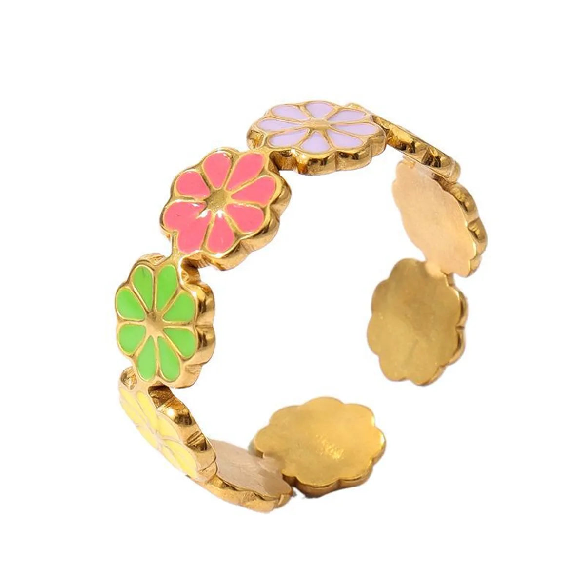 Wholesale Jewelry Retro Sweet Stripe Flower 304 Stainless Steel Enamel Open Rings