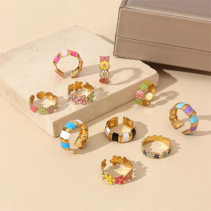 Wholesale Jewelry Retro Sweet Stripe Flower 304 Stainless Steel Enamel Open Rings