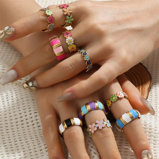 Wholesale Jewelry Retro Sweet Stripe Flower 304 Stainless Steel Enamel Open Rings