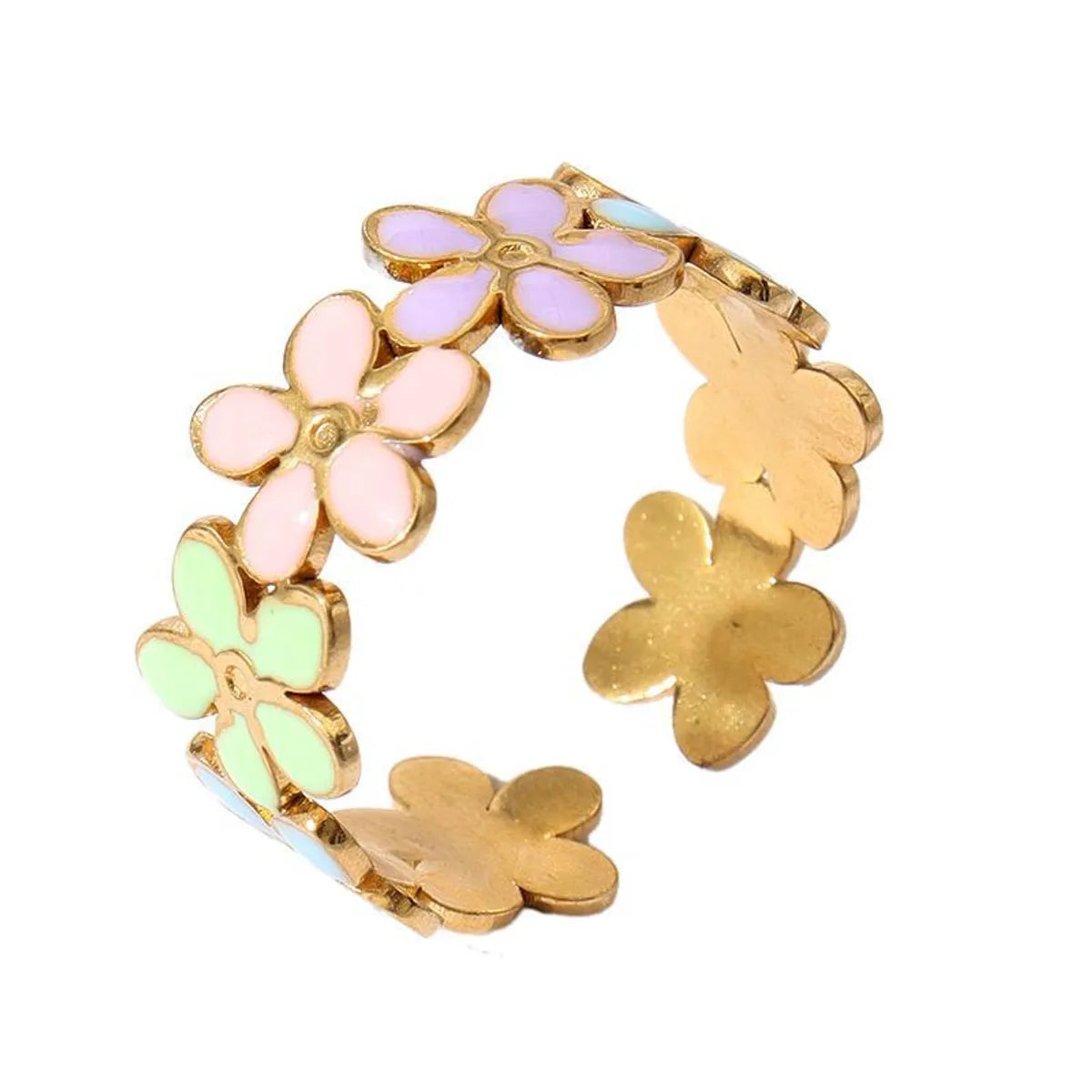 Wholesale Jewelry Retro Sweet Stripe Flower 304 Stainless Steel Enamel Open Rings