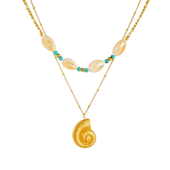 Wholesale Jewelry Retro Trend Turquoise Conch Shell Stainless Steel Animal Zodiac Electroplated Double Layer Chain Necklace For Women