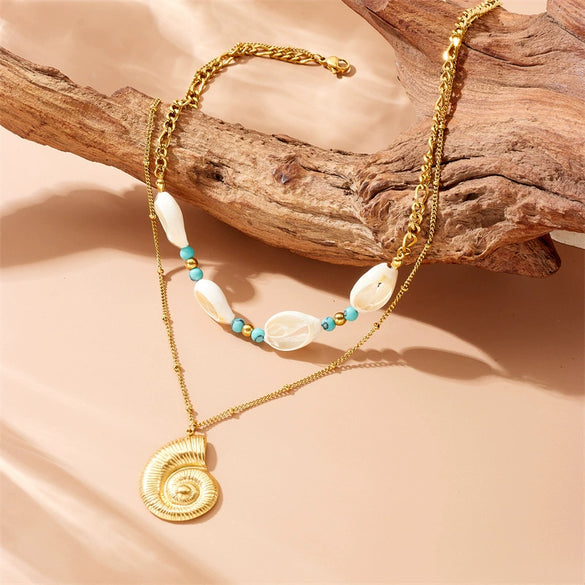 Wholesale Jewelry Retro Trend Turquoise Conch Shell Stainless Steel Animal Zodiac Electroplated Double Layer Chain Necklace For Women