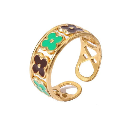 Wholesale Jewelry Retro U Shape 304 Stainless Steel 18K Gold Plated Enamel Open Rings