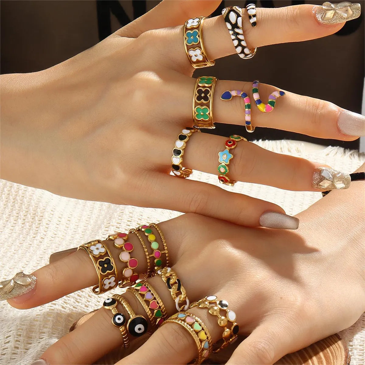 Wholesale Jewelry Retro U Shape 304 Stainless Steel 18K Gold Plated Enamel Open Rings