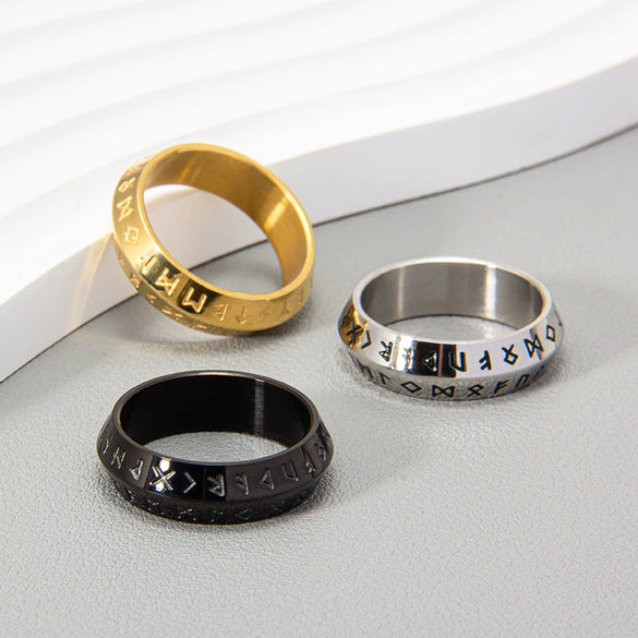 Wholesale Jewelry Retro Viking Style Stainless Steel Ring With Letters Numbers Text Electroplating