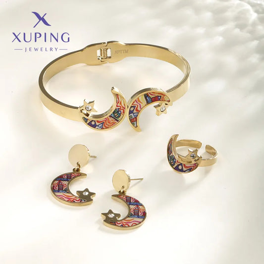 Wholesale Jewelry Retro XUPING Simple Style Star Moon 304 Stainless Steel Artificial Gemstones 18K Gold Plated Inlay Jewelry Set