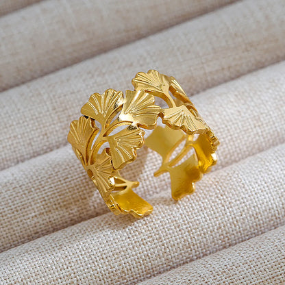 Wholesale Jewelry Rock Oversized Leaves Eye Flower 304 Stainless Steel Gem 18K Gold Plated Inlay Open Rings