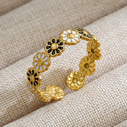 Wholesale Jewelry Rock Oversized Leaves Eye Flower 304 Stainless Steel Gem 18K Gold Plated Inlay Open Rings