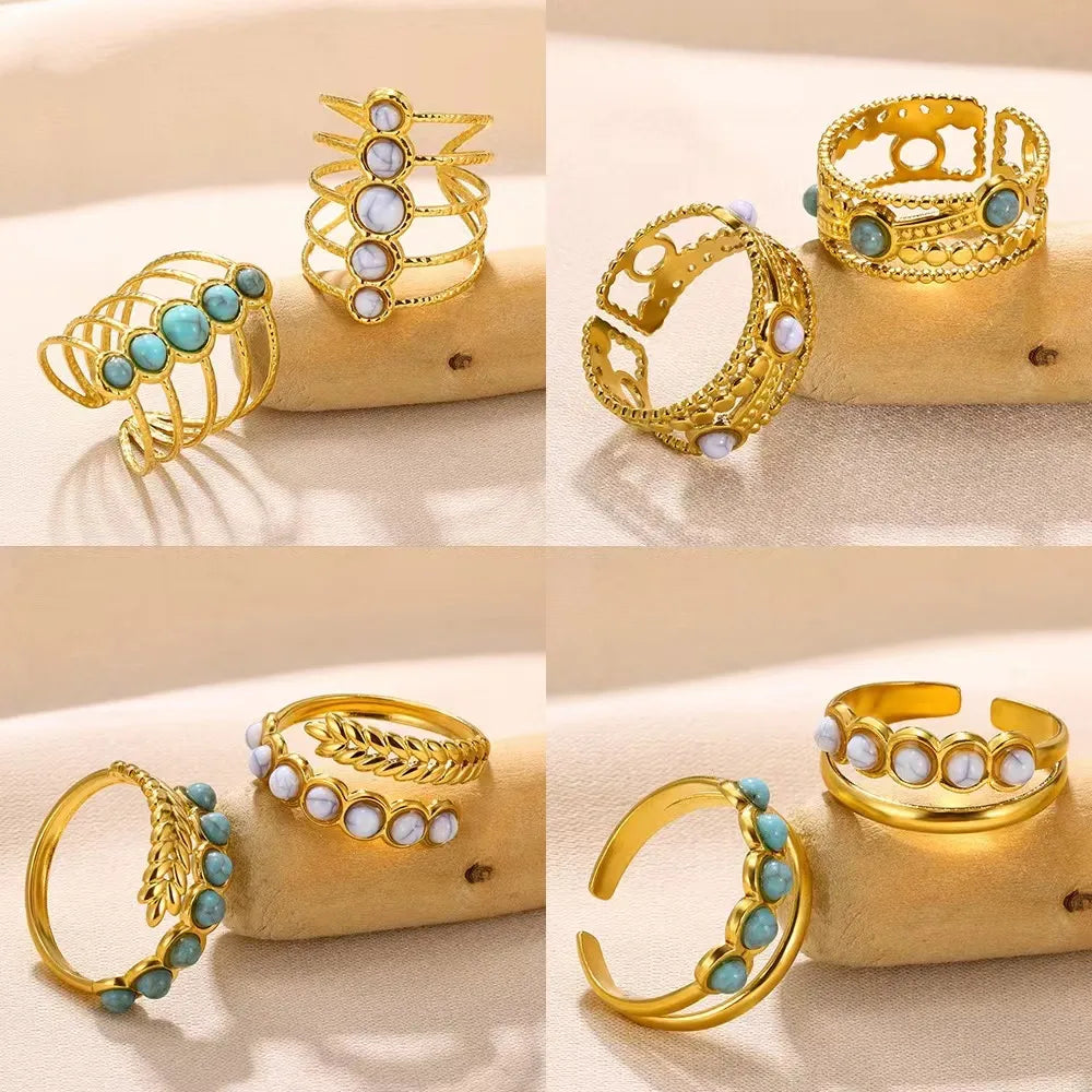 Wholesale Jewelry Roman Style Artistic British Style Round Leaves 304 Stainless Steel Turquoise Pearl Inlay Open Rings