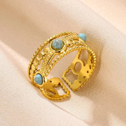 Wholesale Jewelry Roman Style Artistic British Style Round Leaves 304 Stainless Steel Turquoise Pearl Inlay Open Rings