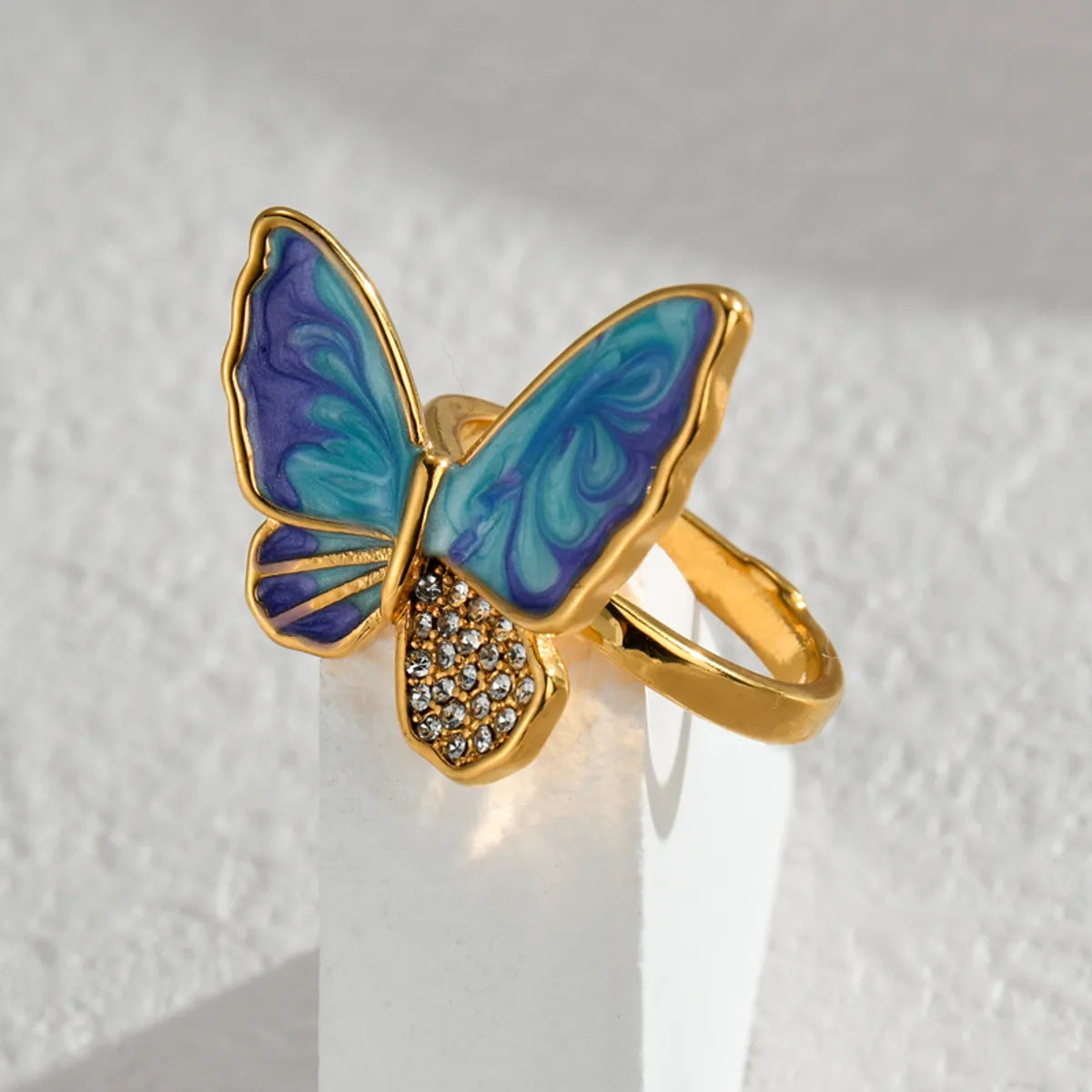 Wholesale Jewelry Romantic Butterfly 316 Stainless Steel  Zircon 18K Gold Plated Enamel Inlay Rings