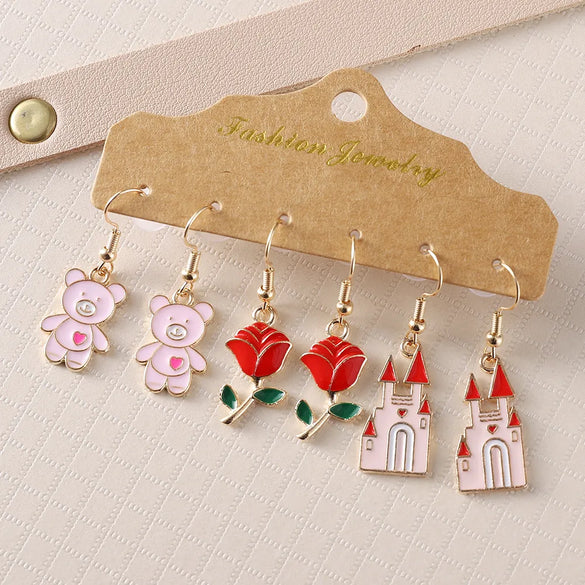 Wholesale Jewelry Romantic Castle Bear Rose Alloy Enamel Plating Drop Earrings