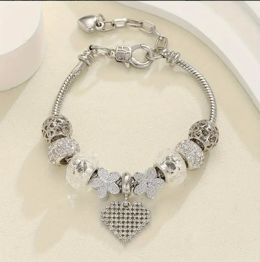 Romantic Simple Style Heart Shape Flower Silver Plated Rhinestones Alloy Copper Brass Wholesale Bracelets