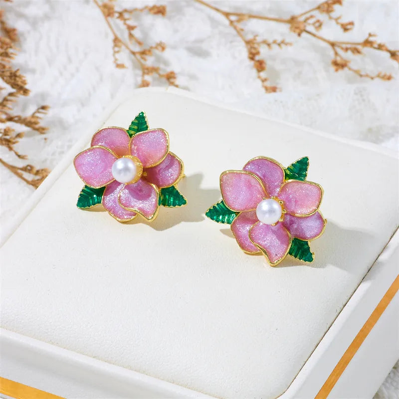 1 Pair Romantic Sweet Flower Enamel Lacquer Painting Inlay Alloy Artificial Pearls Ear Studs