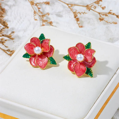 1 Pair Romantic Sweet Flower Enamel Lacquer Painting Inlay Alloy Artificial Pearls Ear Studs