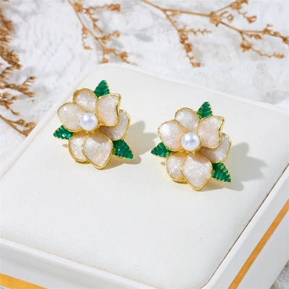 1 Pair Romantic Sweet Flower Enamel Lacquer Painting Inlay Alloy Artificial Pearls Ear Studs