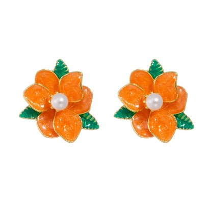 1 Pair Romantic Sweet Flower Enamel Lacquer Painting Inlay Alloy Artificial Pearls Ear Studs