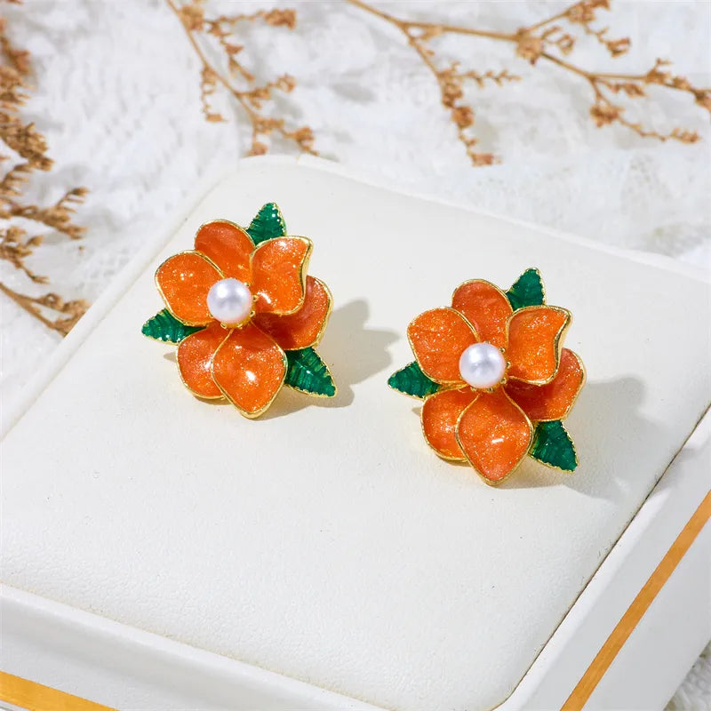 1 Pair Romantic Sweet Flower Enamel Lacquer Painting Inlay Alloy Artificial Pearls Ear Studs