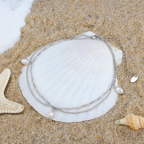 Wholesale Jewelry S925 Sterling Silver Anklet Simple Fresh Pearl Geometric Style