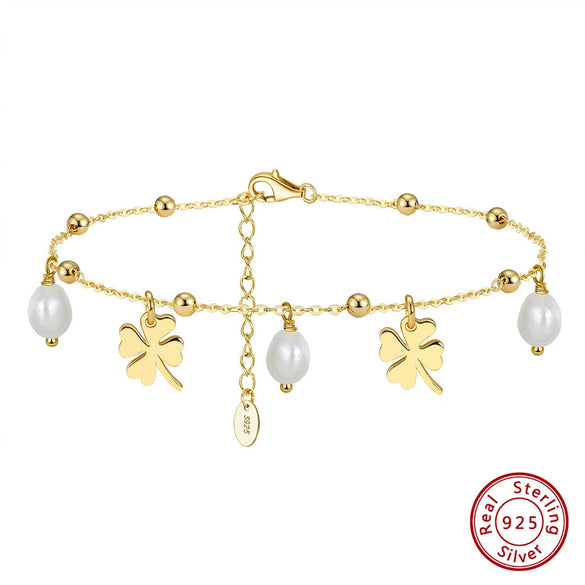 Wholesale Jewelry S925 Sterling Silver Natural Pearl Four Leaf Clover Geometric Anklet